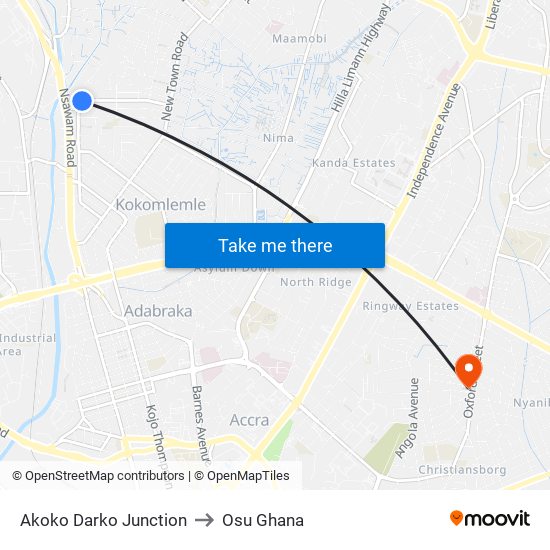 Akoko Darko Junction to Osu Ghana map