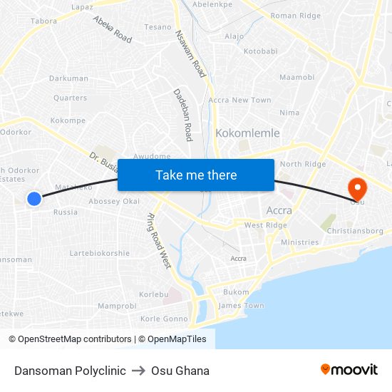 Dansoman Polyclinic to Osu Ghana map