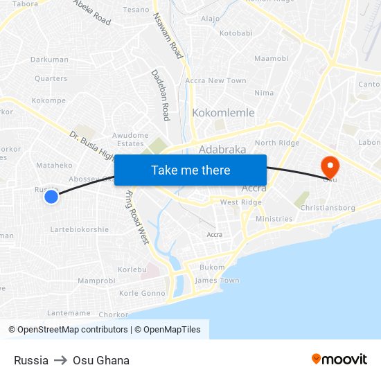 Russia to Osu Ghana map