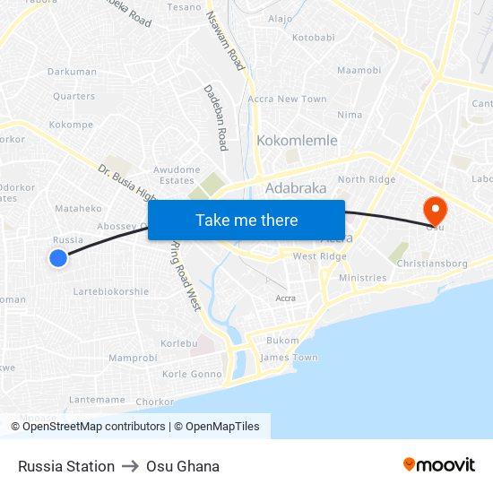 Russia Station to Osu Ghana map