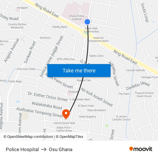 Police Hospital to Osu Ghana map