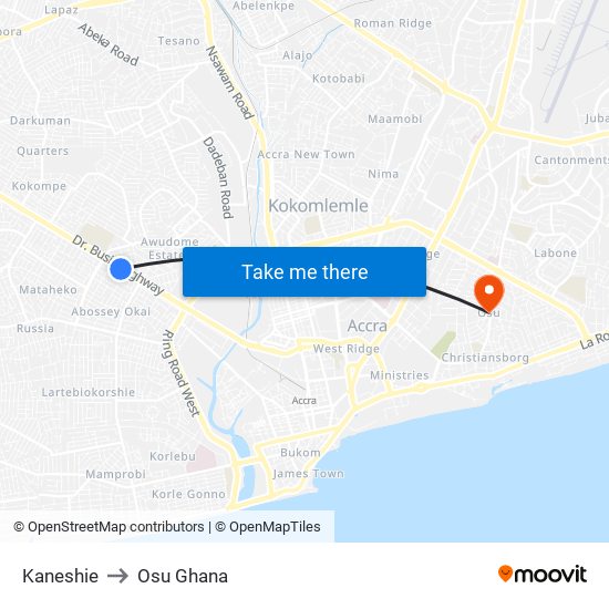 Kaneshie to Osu Ghana map