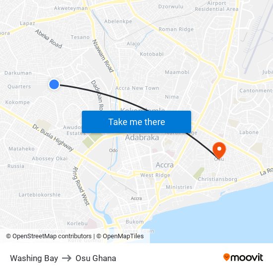 Washing Bay to Osu Ghana map
