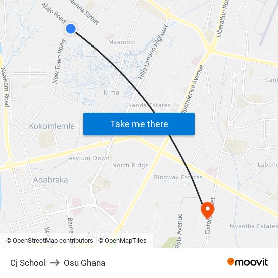Cj School to Osu Ghana map