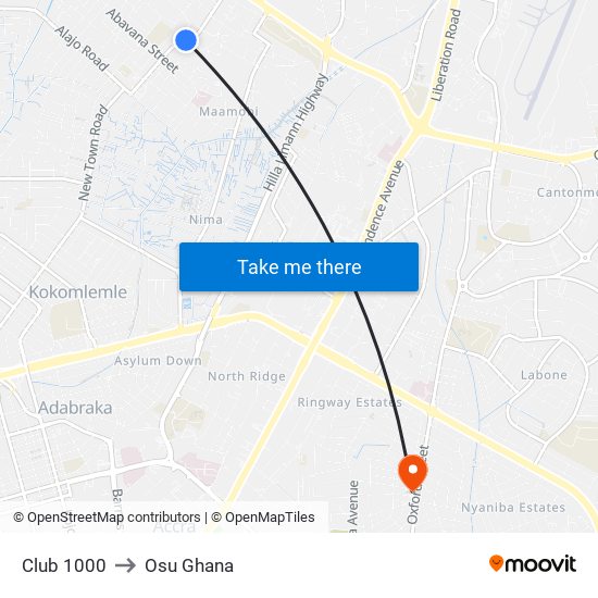 Club 1000 to Osu Ghana map