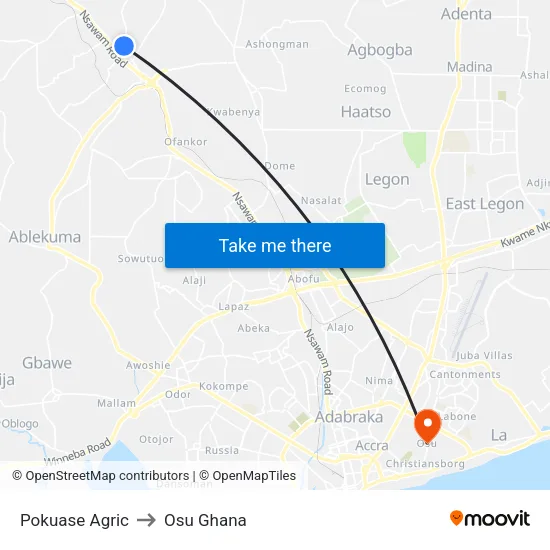 Pokuase Agric to Osu Ghana map