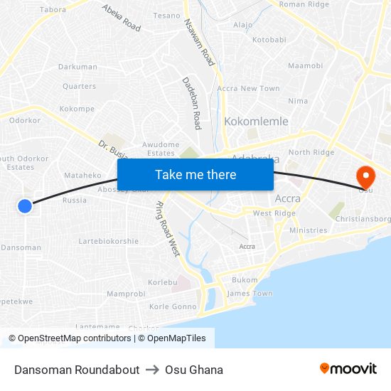 Dansoman Roundabout to Osu Ghana map