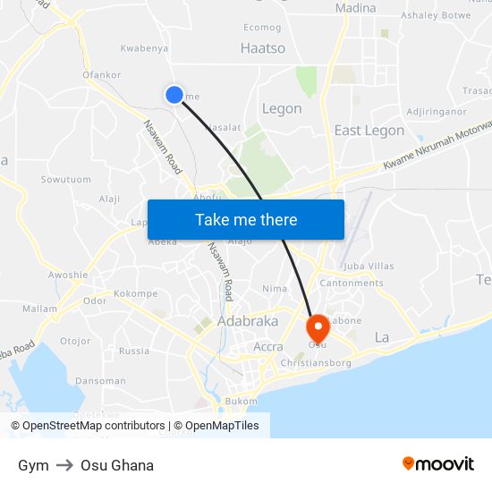 Gym to Osu Ghana map