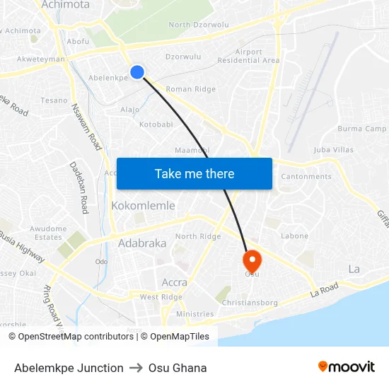 Abelemkpe Junction to Osu Ghana map