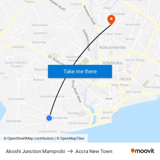 Akoshi Junction Mamprobi to Accra New Town map