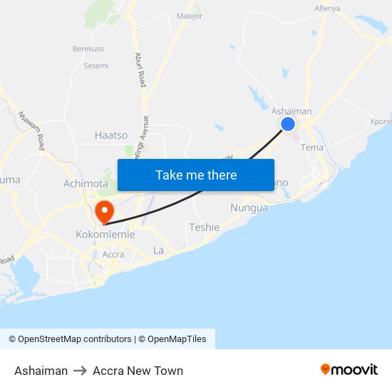 Ashaiman to Accra New Town map