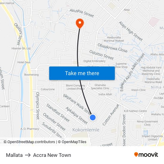 Mallata to Accra New Town map