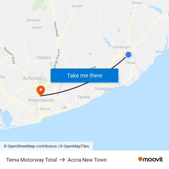 Tema Motorway Total to Accra New Town map