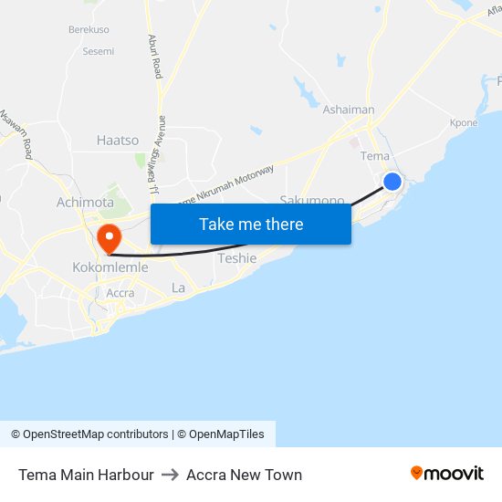 Tema Main Harbour to Accra New Town map