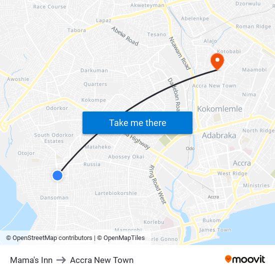 Mama's Inn to Accra New Town map