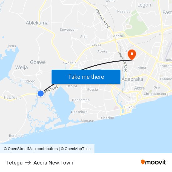 Tetegu to Accra New Town map