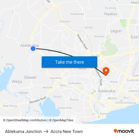 Ablekuma Junction to Accra New Town map