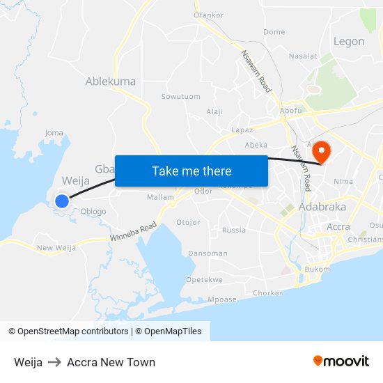 Weija to Accra New Town map