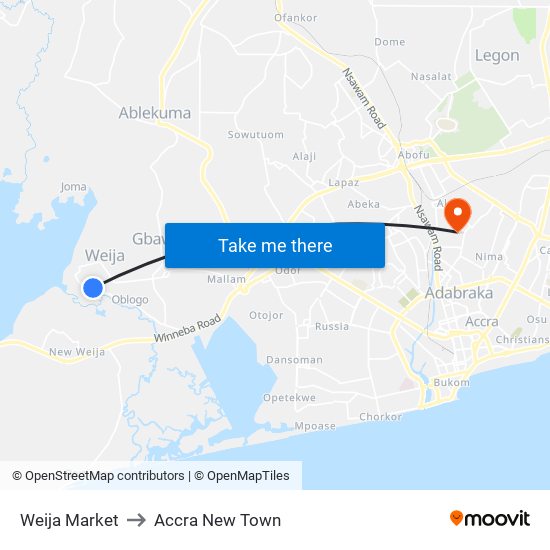 Weija Market to Accra New Town map
