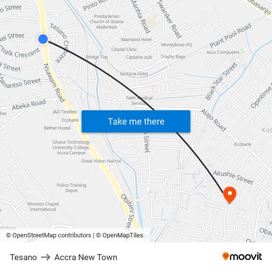 Tesano to Accra New Town map