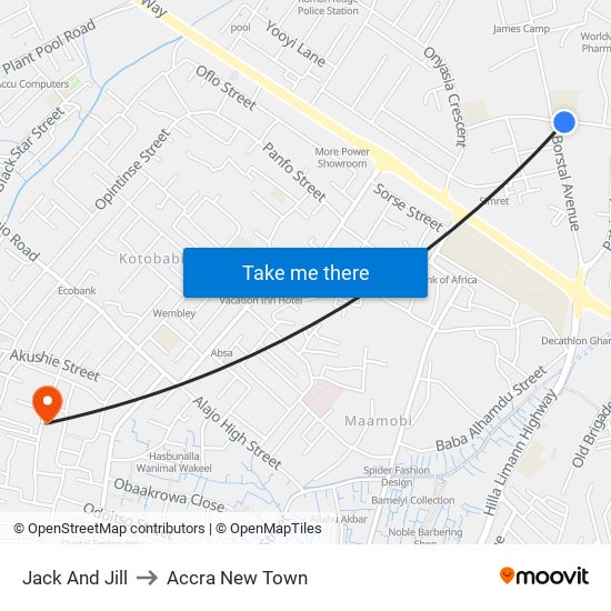 Jack And Jill to Accra New Town map