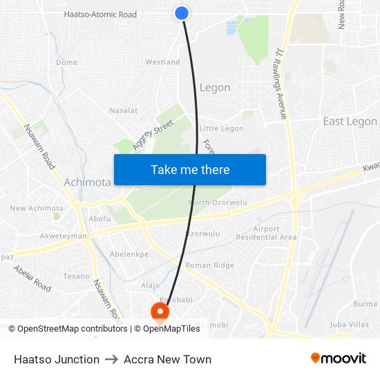 Haatso Junction to Accra New Town map
