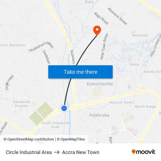 Circle Industrial Area to Accra New Town map