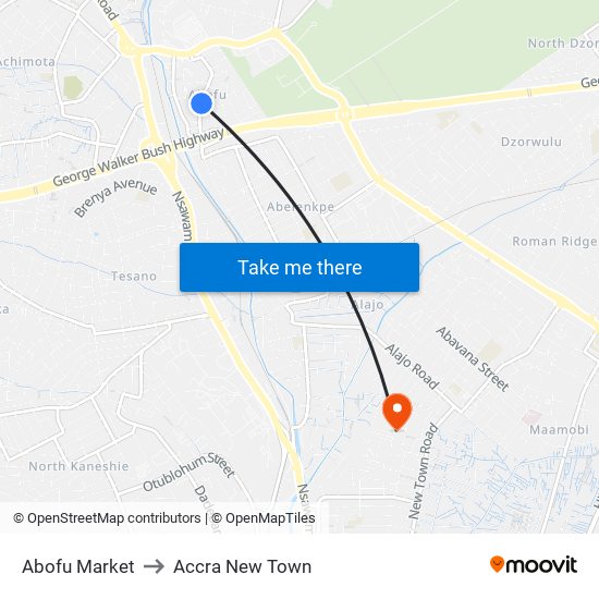 Abofu Market to Accra New Town map