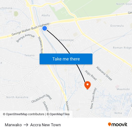 Marwako to Accra New Town map