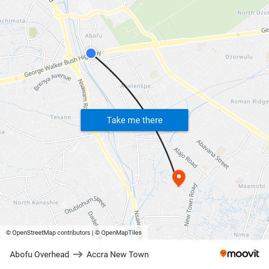 Abofu Overhead to Accra New Town map