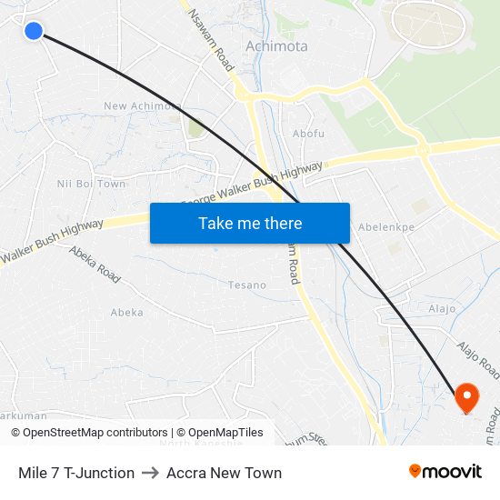 Mile 7 T-Junction to Accra New Town map