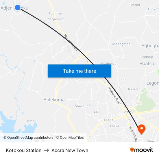 Kotokou Station to Accra New Town map