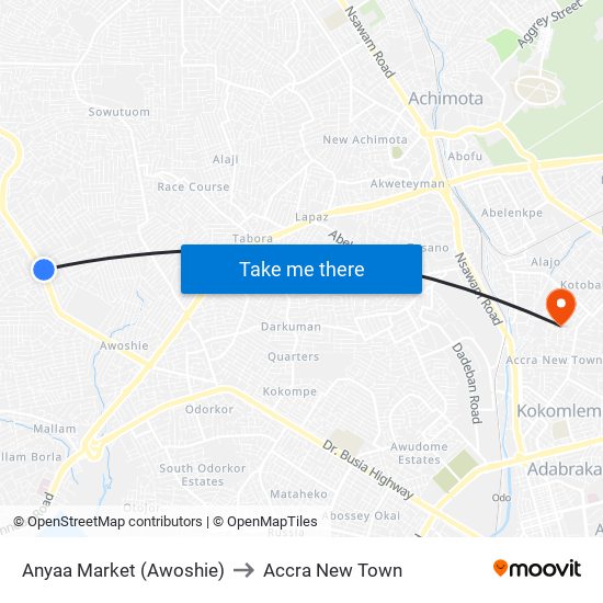 Anyaa Market (Awoshie) to Accra New Town map