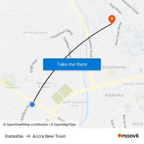 Kaneshie to Accra New Town map