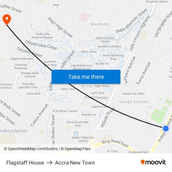 Flagstaff House to Accra New Town map