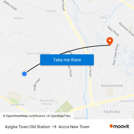 Ayigbe Town Old Station to Accra New Town map