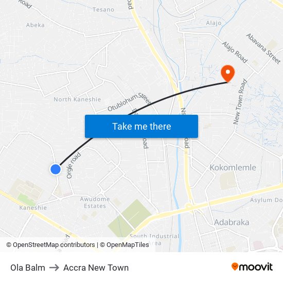 Ola Balm to Accra New Town map