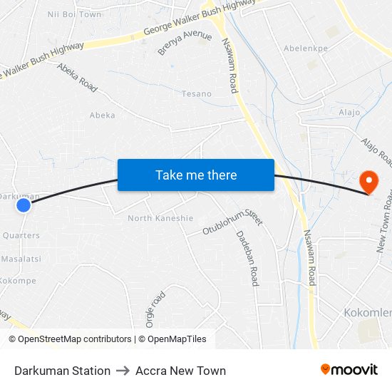 Darkuman Station to Accra New Town map