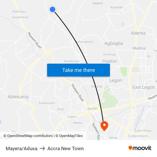 Mayera/Adusa to Accra New Town map