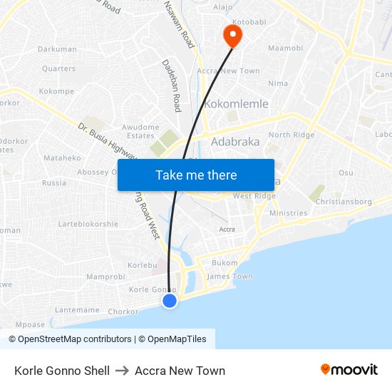 Korle Gonno Shell to Accra New Town map