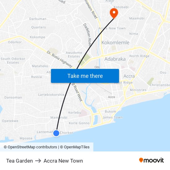 Tea Garden to Accra New Town map