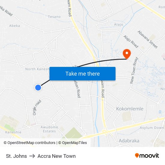 St. Johns to Accra New Town map