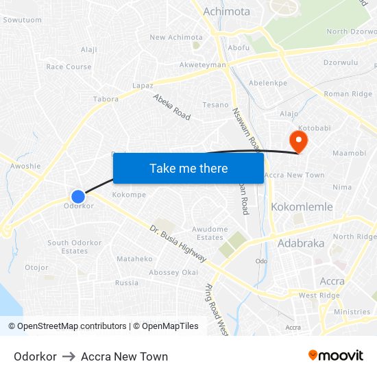 Odorkor to Accra New Town map