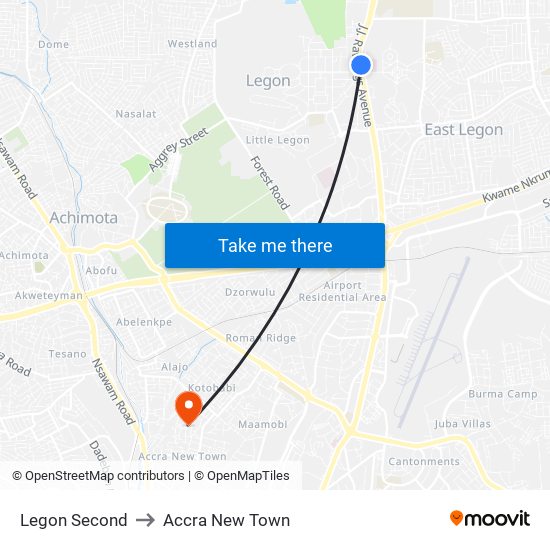 Legon Second to Accra New Town map