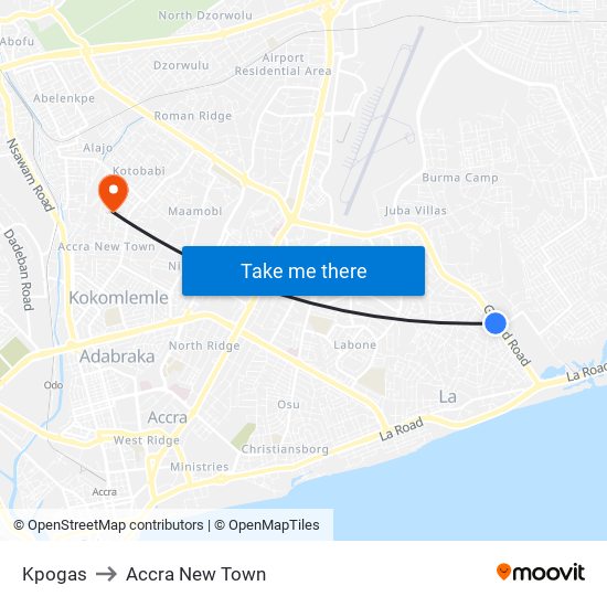 Kpogas to Accra New Town map