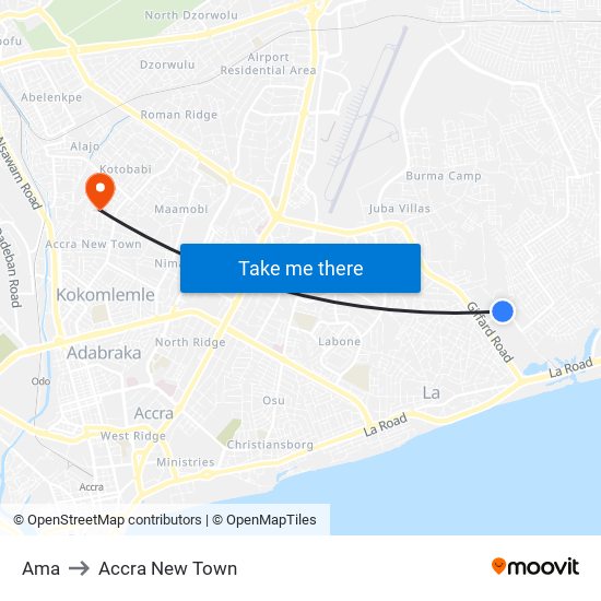 Ama to Accra New Town map