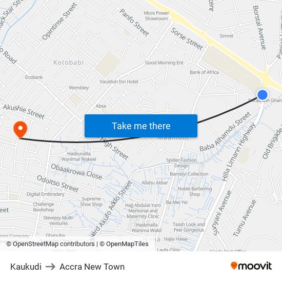 Kaukudi to Accra New Town map