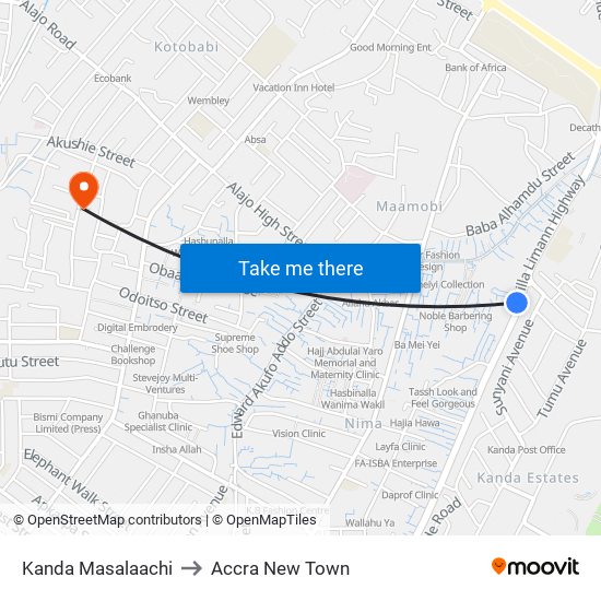 Kanda Masalaachi to Accra New Town map