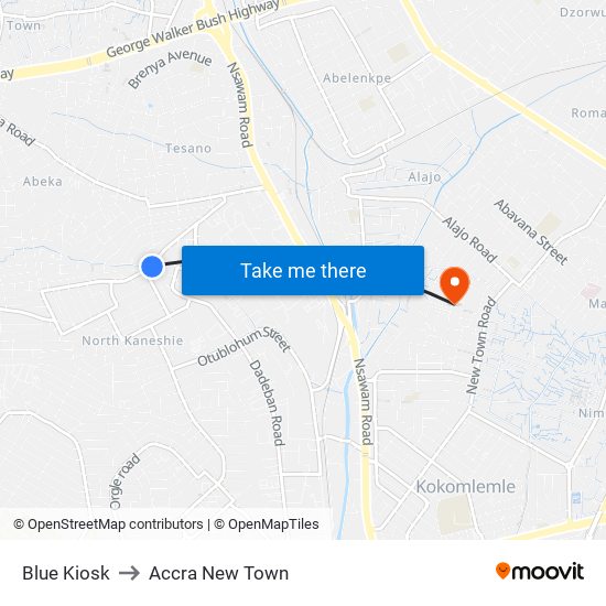 Blue Kiosk to Accra New Town map