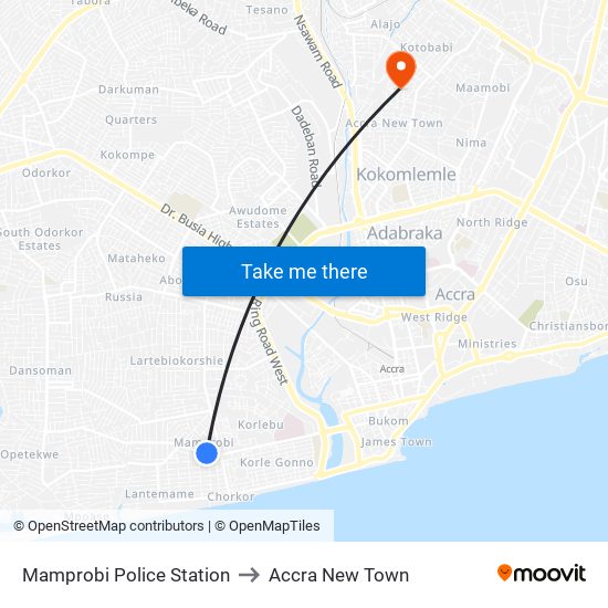 Mamprobi Police Station to Accra New Town map